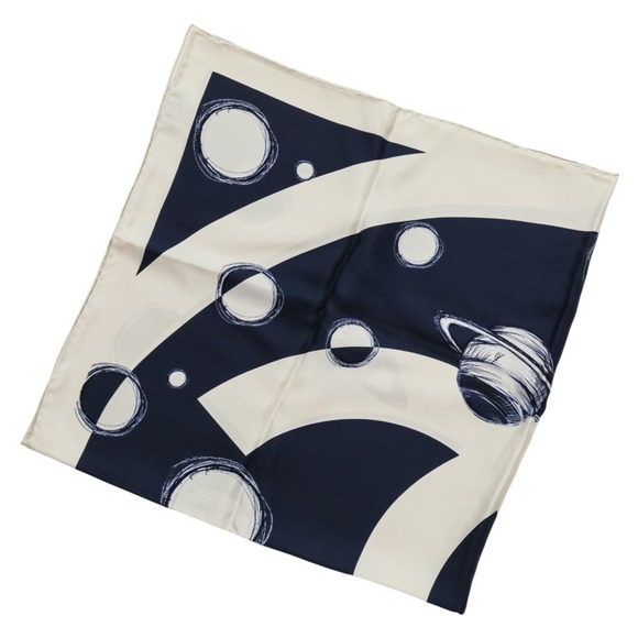 CHANEL 17K Coco Mark Planet Silk Scarf/Muffler, Ivory/Navy, Women's